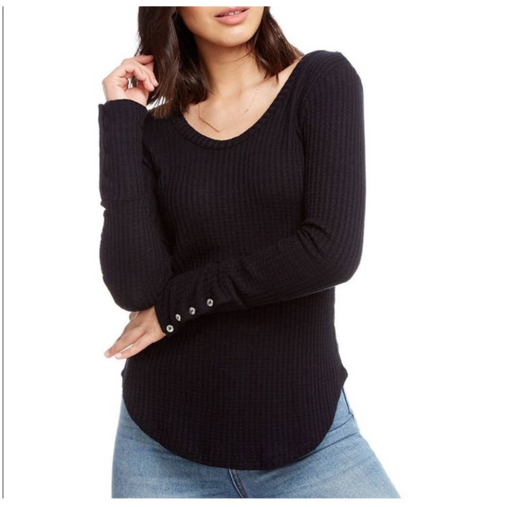 Chaser long sleeve waffle knit thermal top button details black size large